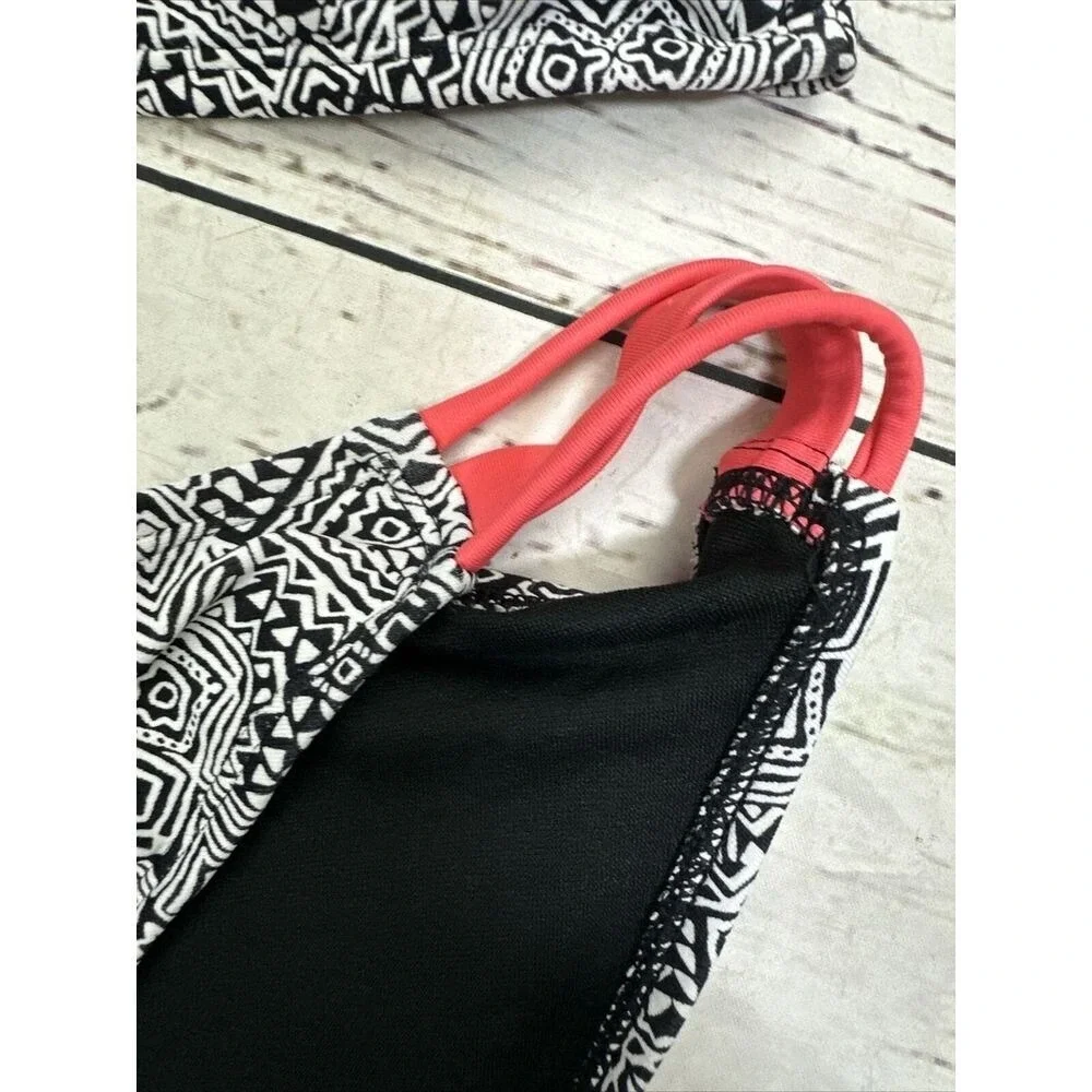 O'Rageous Womens Geometric Tribal Print Bikini Set Black White Coral Pink Large
